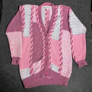 Syncopation Cardigan Sweater Womens Large Pink Patchwork Cable Knit Vintage